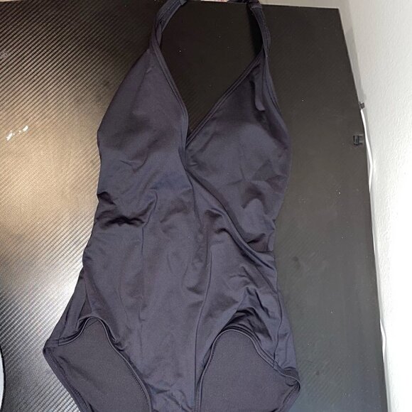 Carmen Marc Valvo Swimsuit One Piece Halter V-Neck Low Back Solid High Leg Curvy - Picture 2 of 7